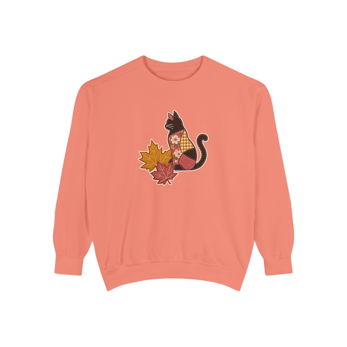 Black Cat Crewneck Sweatshirt | Patchwork Cat and Fall Leaves | Comfort Colors Garment Dyed