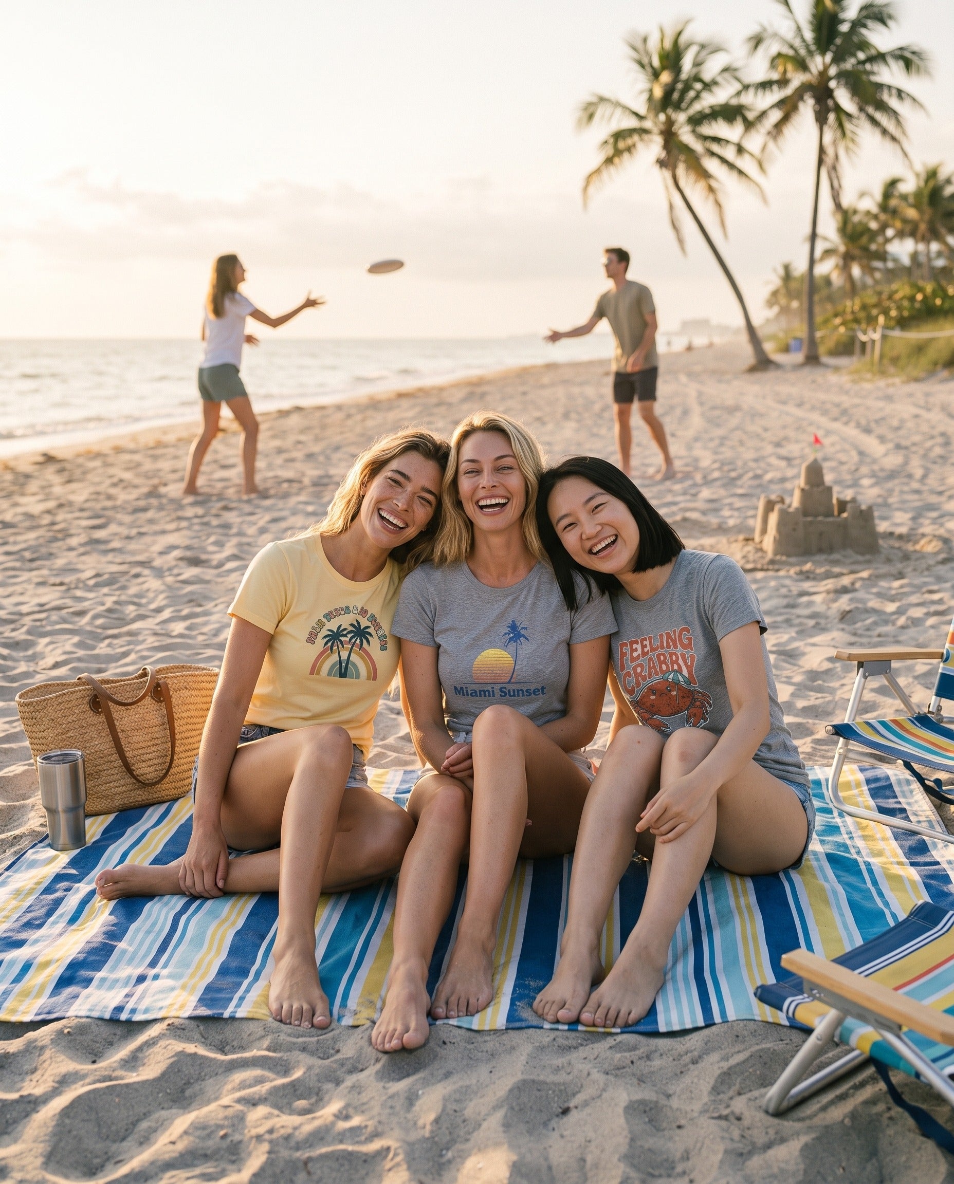 Three friends laughing together on a beach blanket at golden hour in MerchGoddess summer tees, one in the Palm Trees and 80 Degrees retro rainbow tee in Butter, a real beach-day scene