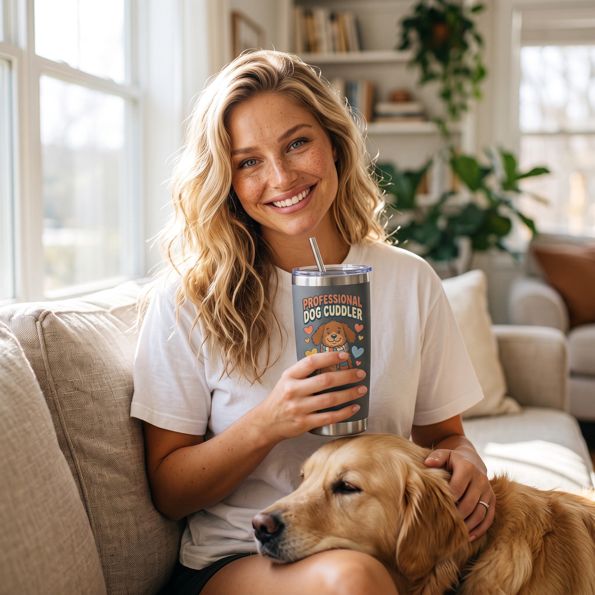 Professional Dog Cuddler 12oz insulated tumbler in iron gray, held by an approved model, wide lifestyle photograph