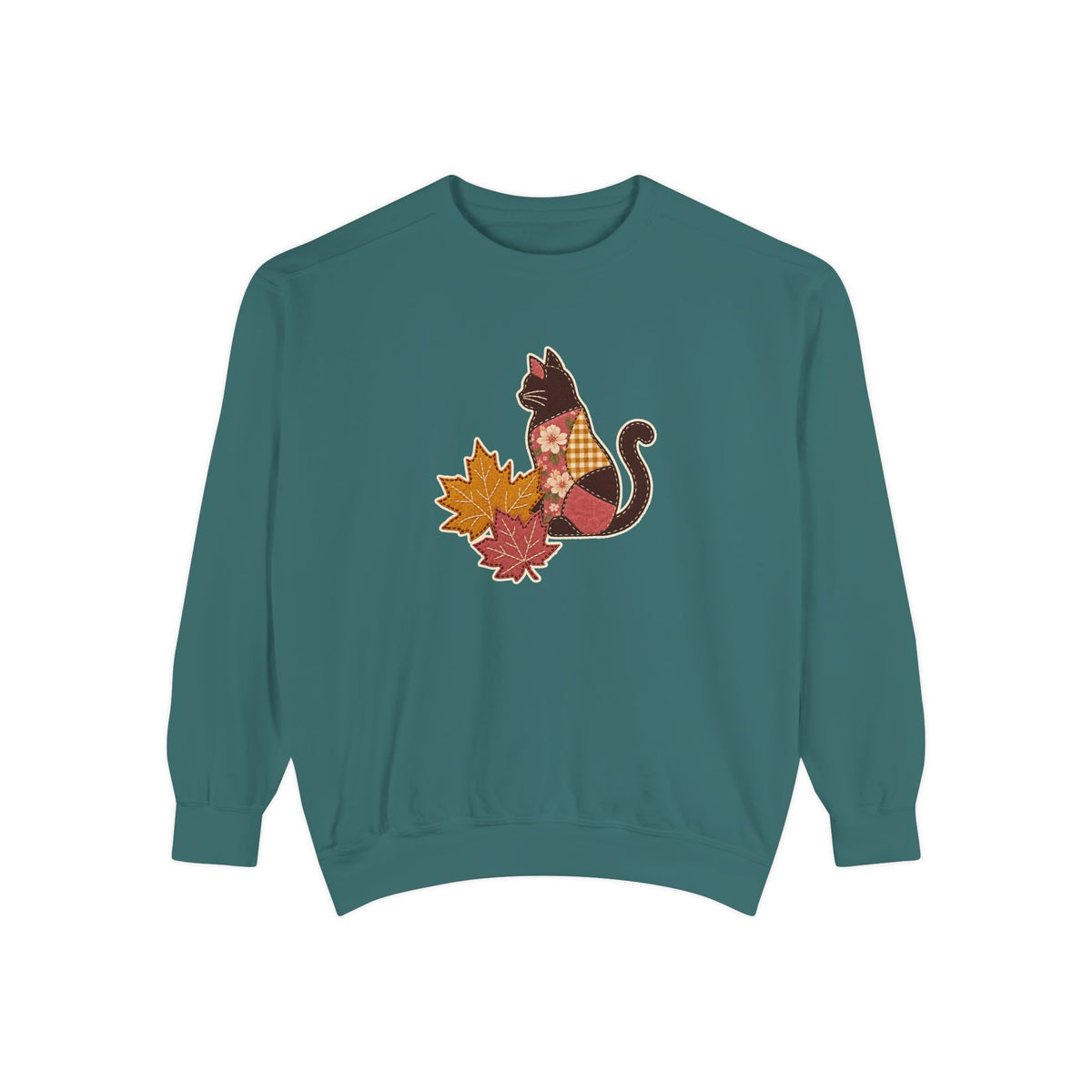 Black Cat Crewneck Sweatshirt | Patchwork Cat and Fall Leaves | Comfort Colors Garment Dyed