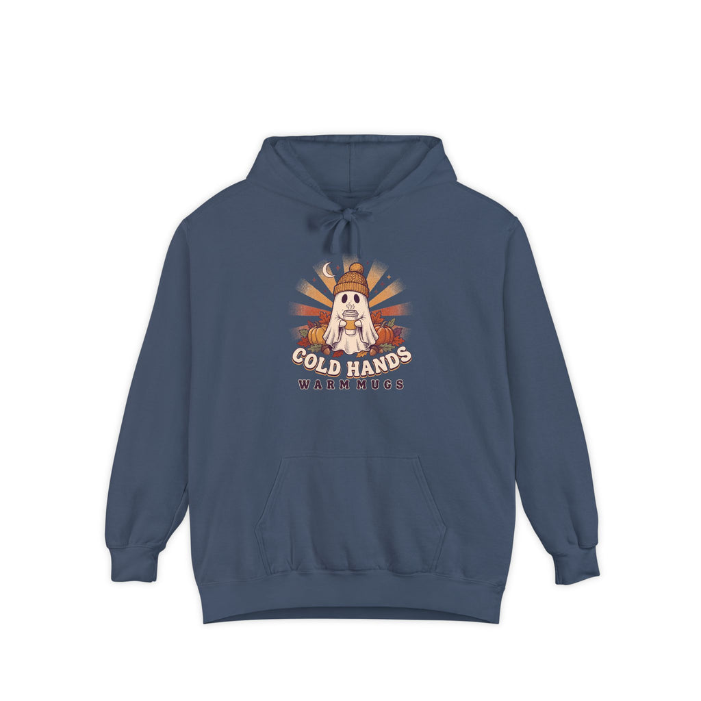 Cozy Ghost Hoodie | Cold Hands Warm Mugs Fall Coffee Art | Comfort Colors Garment Dyed