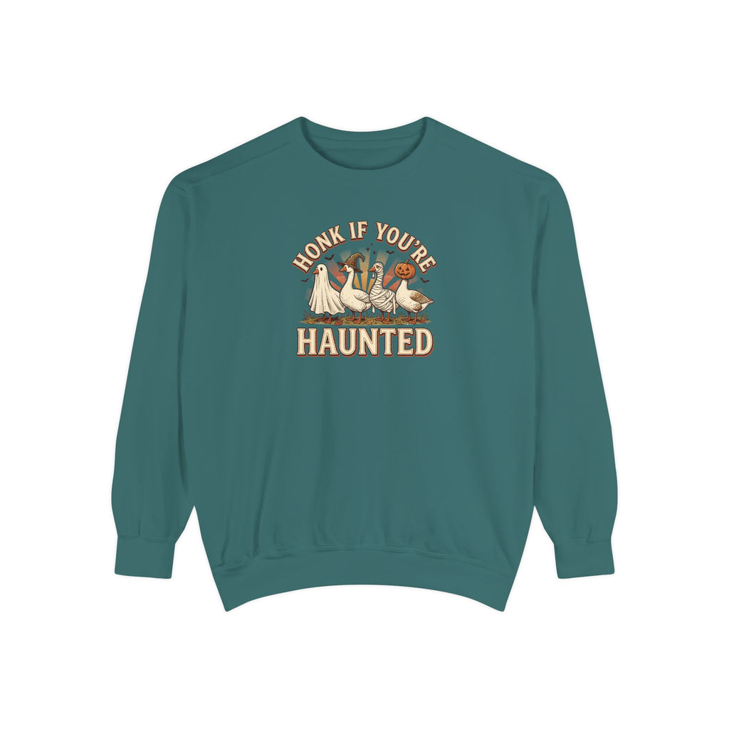 Funny Halloween Crewneck Sweatshirt | Honk If You're Haunted Goose Art | Comfort Colors Garment Dyed
