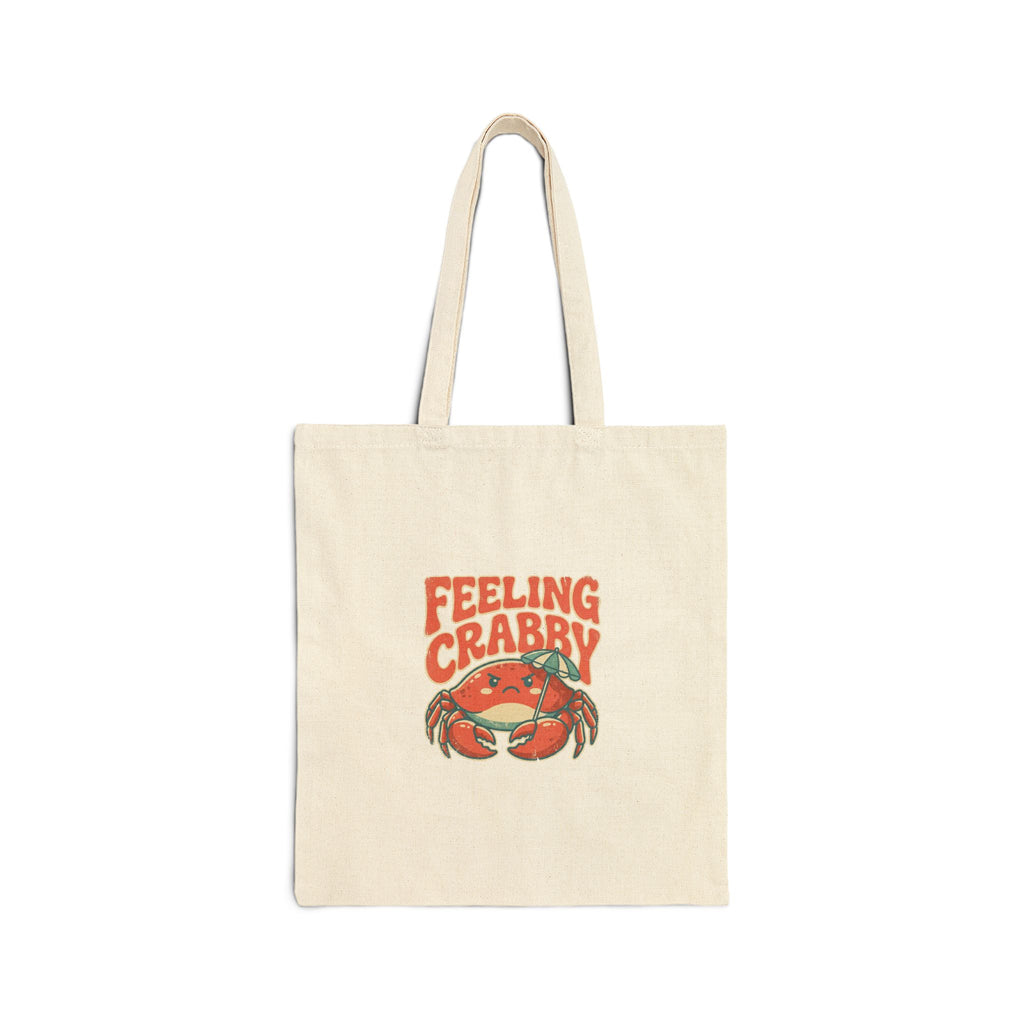 Feeling Crabby canvas tote bag — grumpy retro crab with beach umbrella, funny crab beach tote