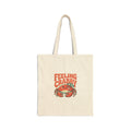 Feeling Crabby canvas tote bag — grumpy retro crab with beach umbrella, funny crab beach tote