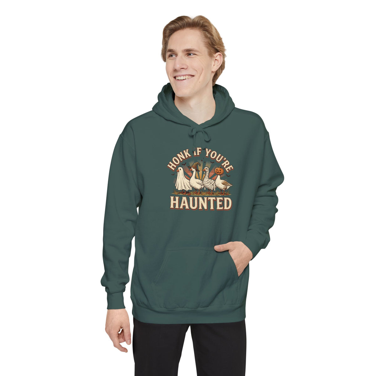 Funny Halloween Hoodie | Honk If You're Haunted Goose Art | Comfort Colors Garment Dyed