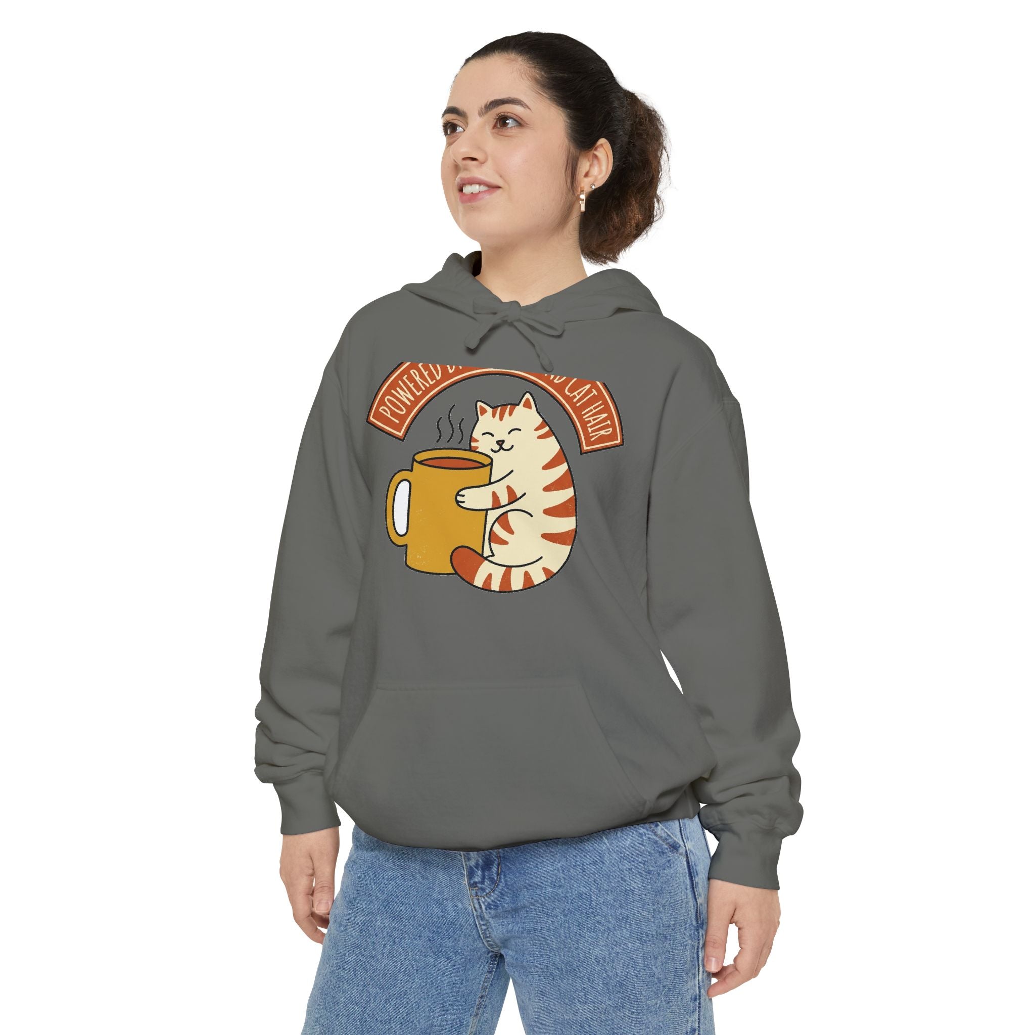 Cat Coffee Hoodie back view | Comfort Colors | cat lover hoodie — Khaki