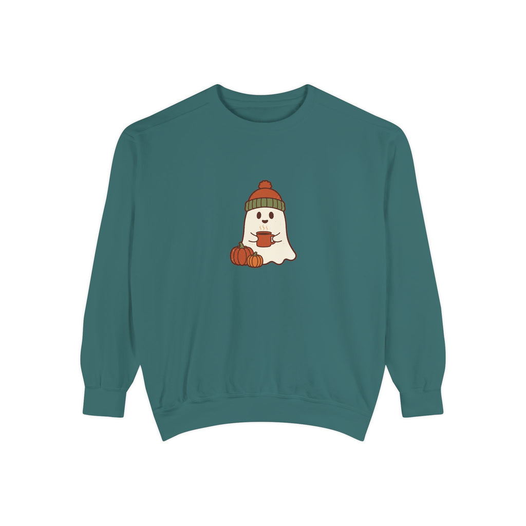 Retro Ghost Crewneck Sweatshirt | Ghost in a Knitted Beanie Cocoa Art | Comfort Colors Garment Dyed