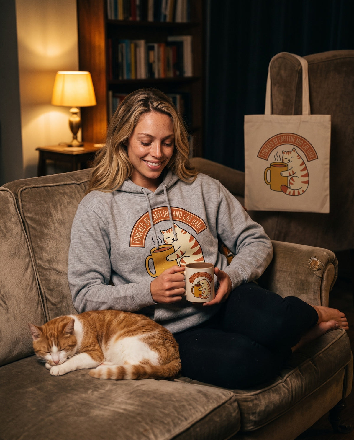 Cat Coffee hoodie, mug and tote together on a living room sofa on a rainy evening