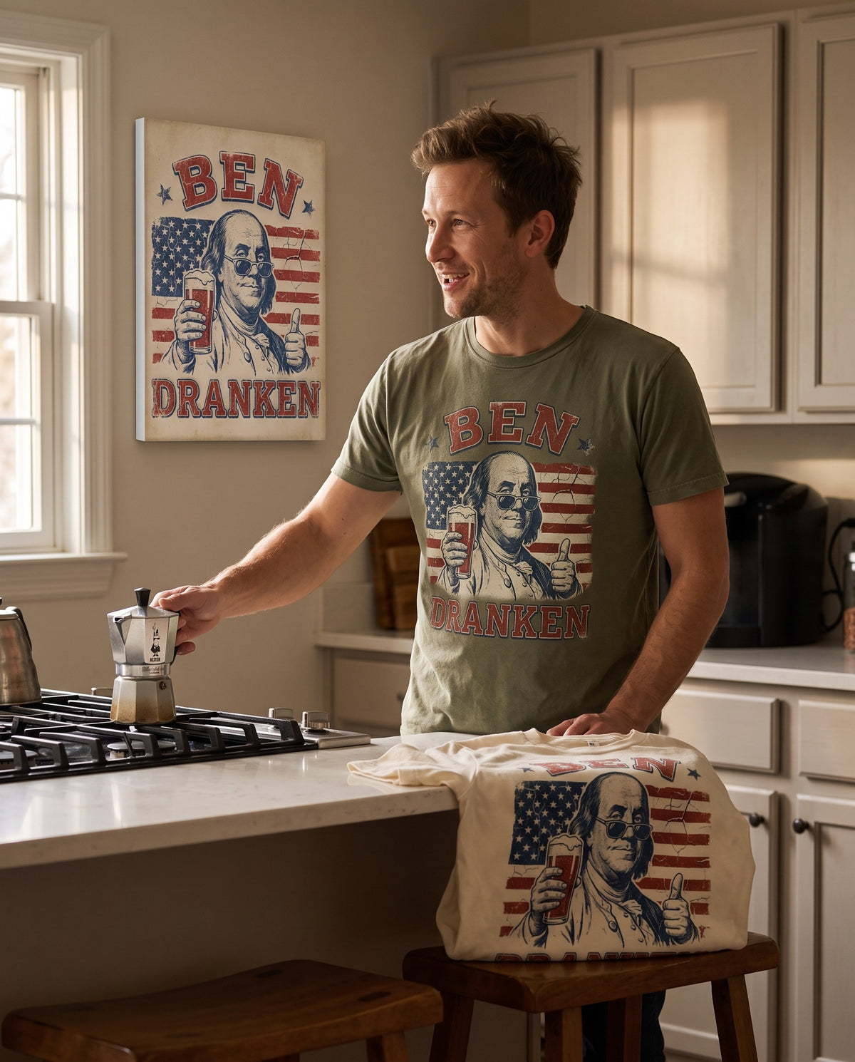 Ben Dranken tee at a kitchen island on a Saturday morning with the Ben Dranken canvas on the wall