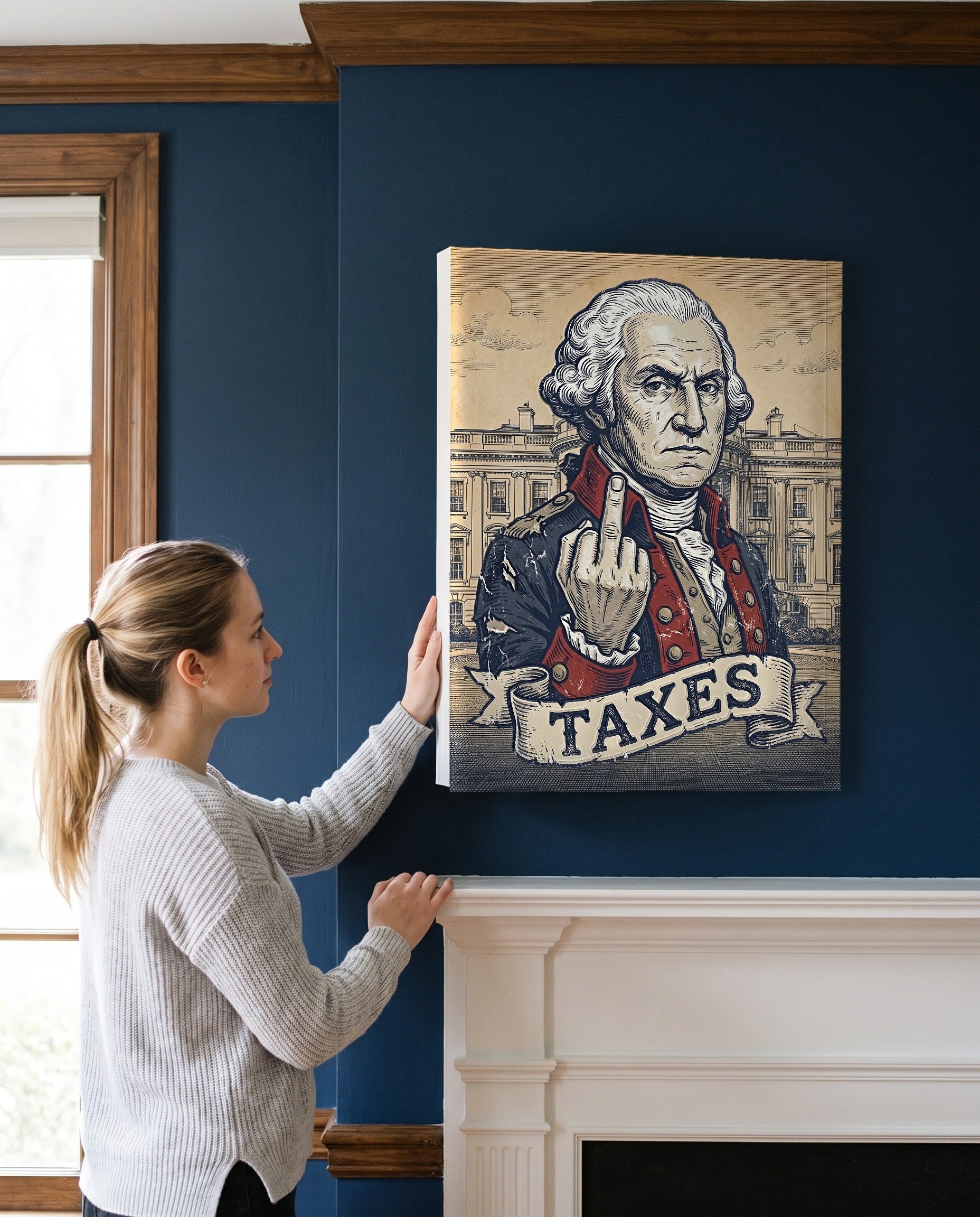 Woman steadying the George Washington Taxes canvas from the side, showing its true 18 by 24 inch size