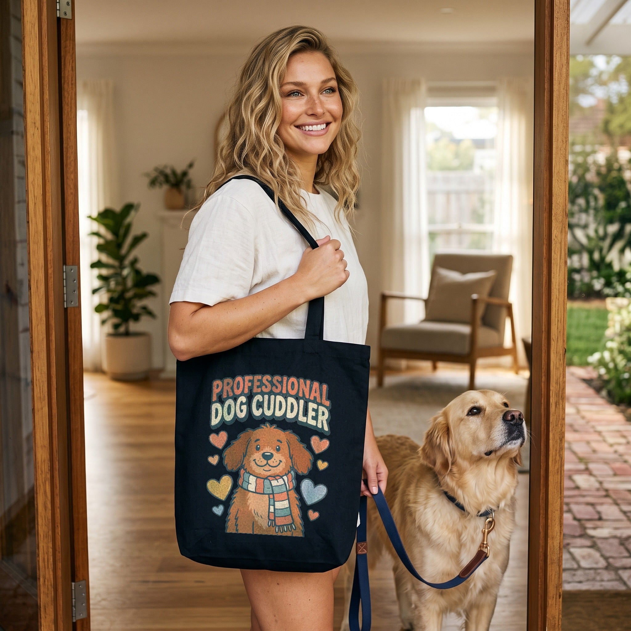 Professional Dog Cuddler Canvas Tote Bag in black, worn by an approved model, wide lifestyle photograph