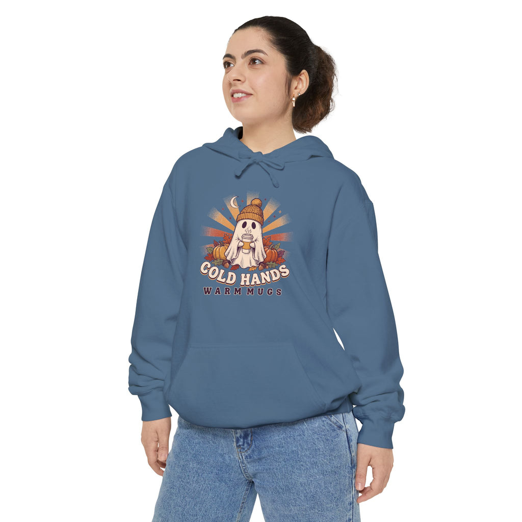 Cozy Ghost Hoodie | Cold Hands Warm Mugs Fall Coffee Art | Comfort Colors Garment Dyed