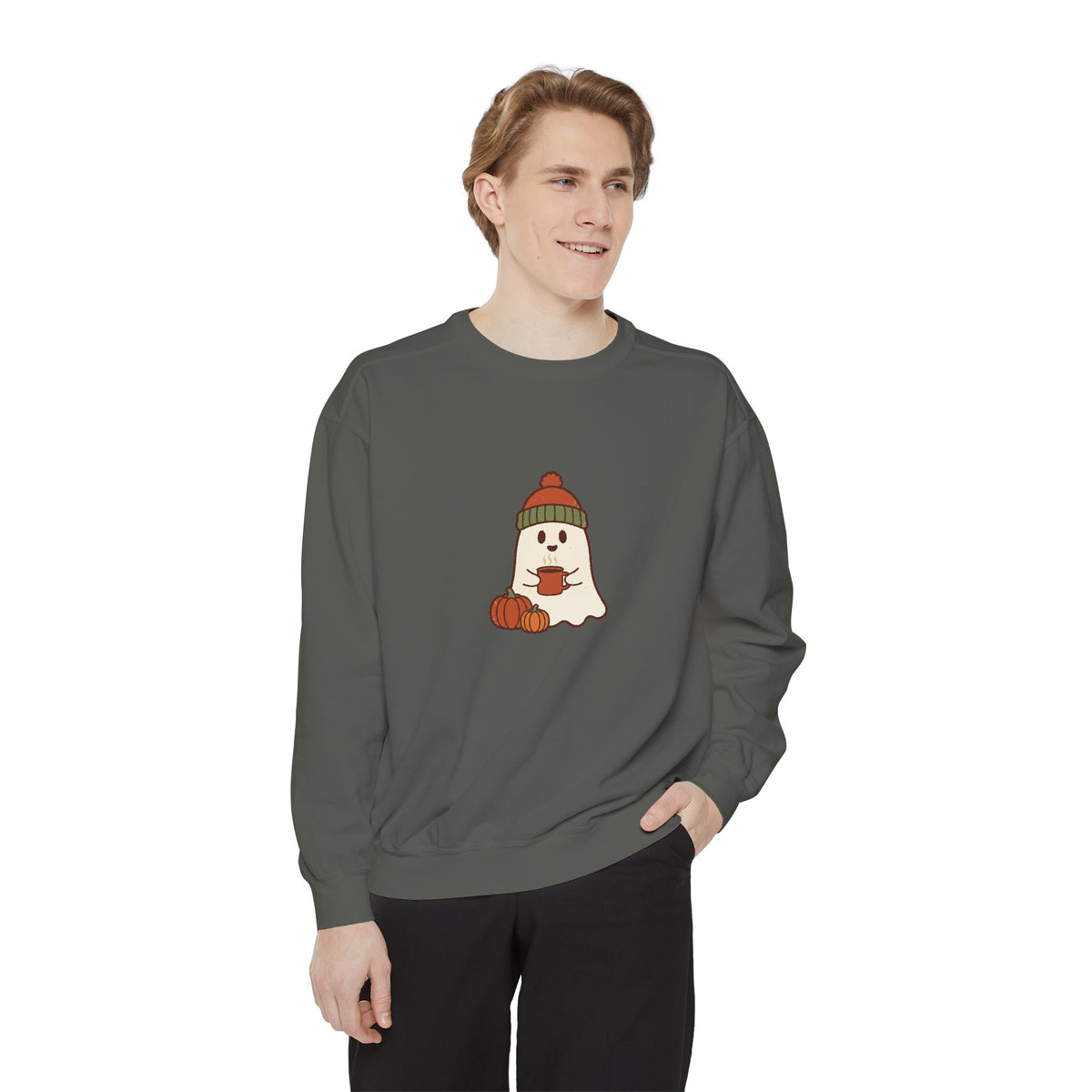 Retro Ghost Crewneck Sweatshirt | Ghost in a Knitted Beanie Cocoa Art | Comfort Colors Garment Dyed