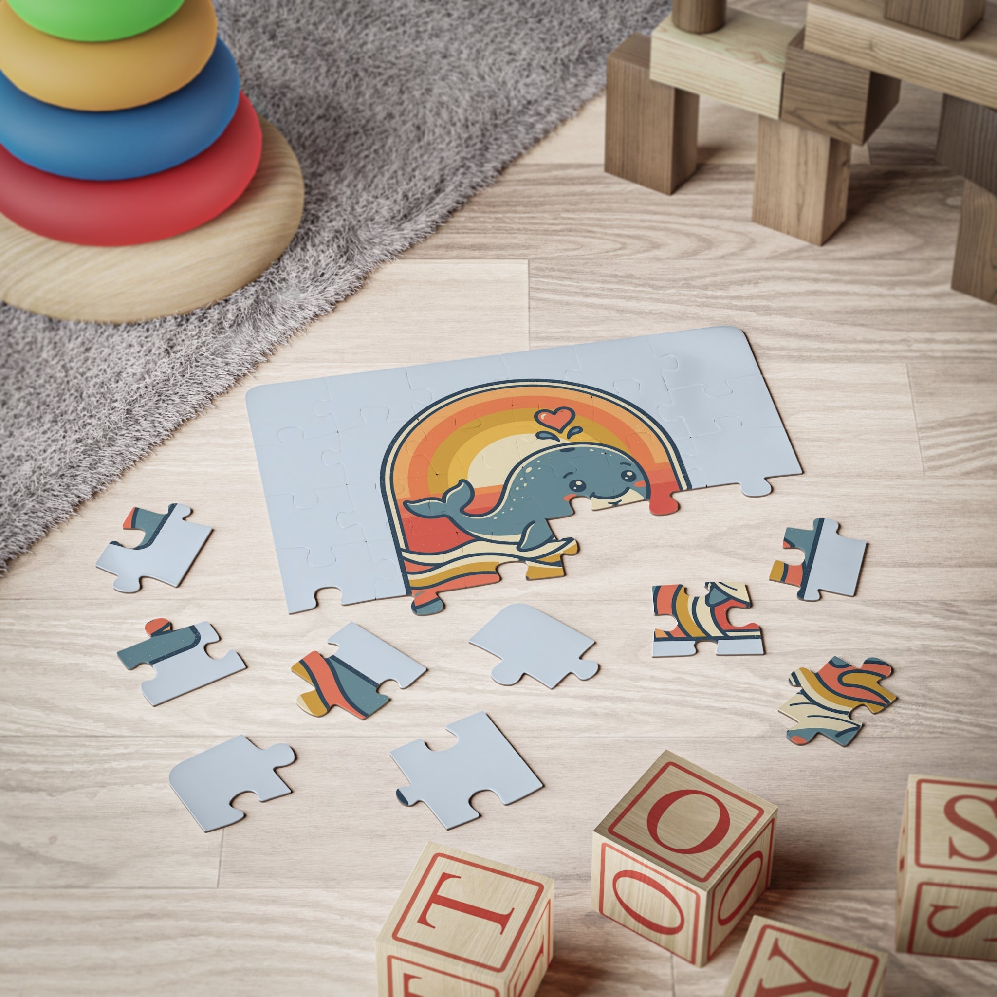 Whale Kids Puzzle 30 Piece Retro Heart Splash Puzzle