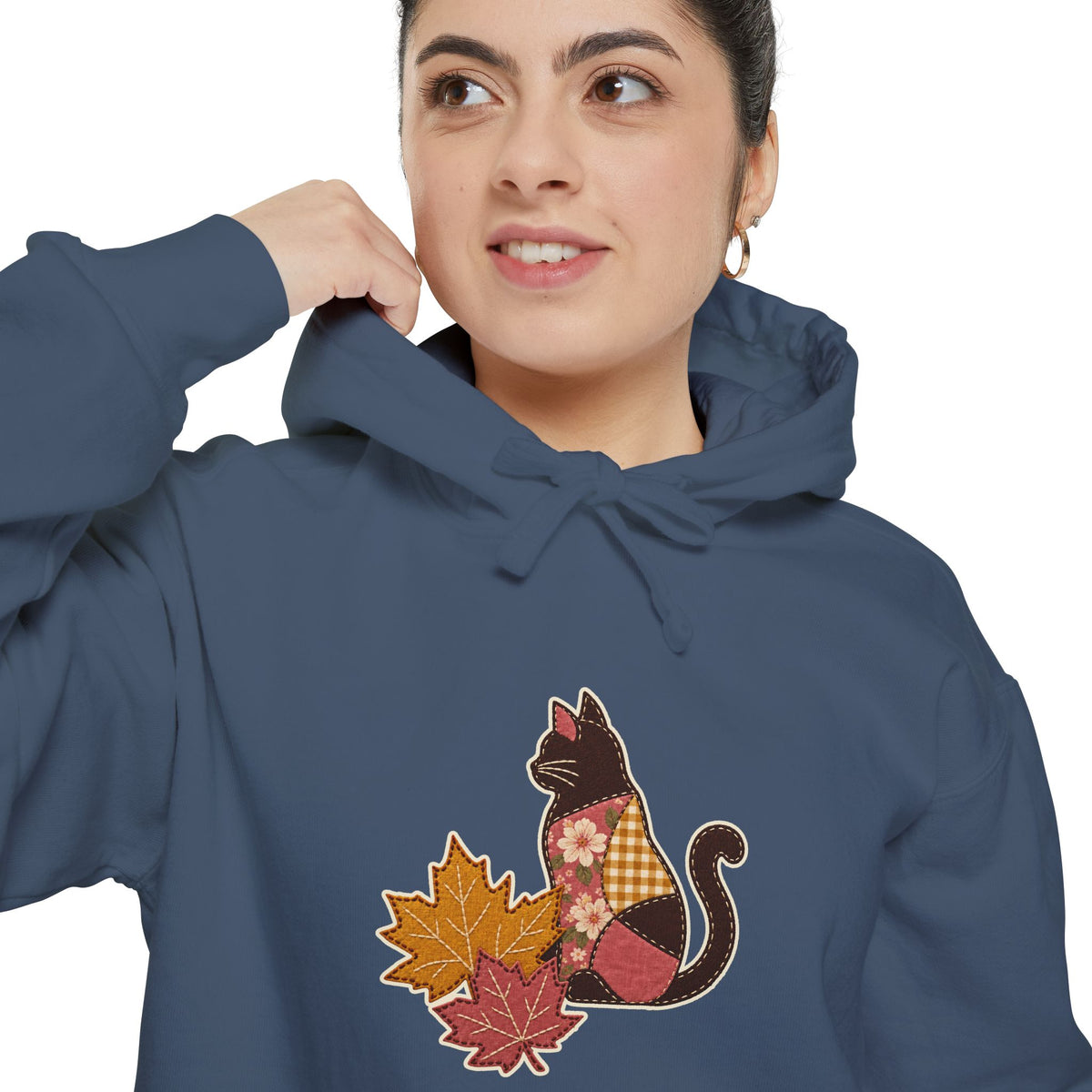 Black Cat Hoodie | Patchwork Cat and Fall Leaves | Comfort Colors Garment Dyed