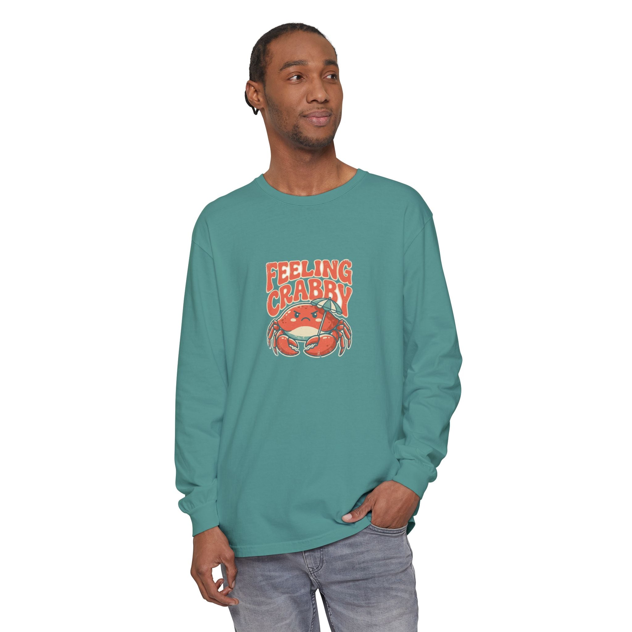 Feeling Crabby funny crab beach long sleeve tee on Comfort Colors garment dyed cotton, grumpy retro crab under a beach umbrella