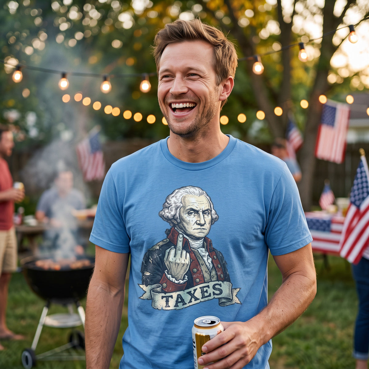 George Washington TAXES Tee in carolina blue, worn by an approved model, wide lifestyle photograph