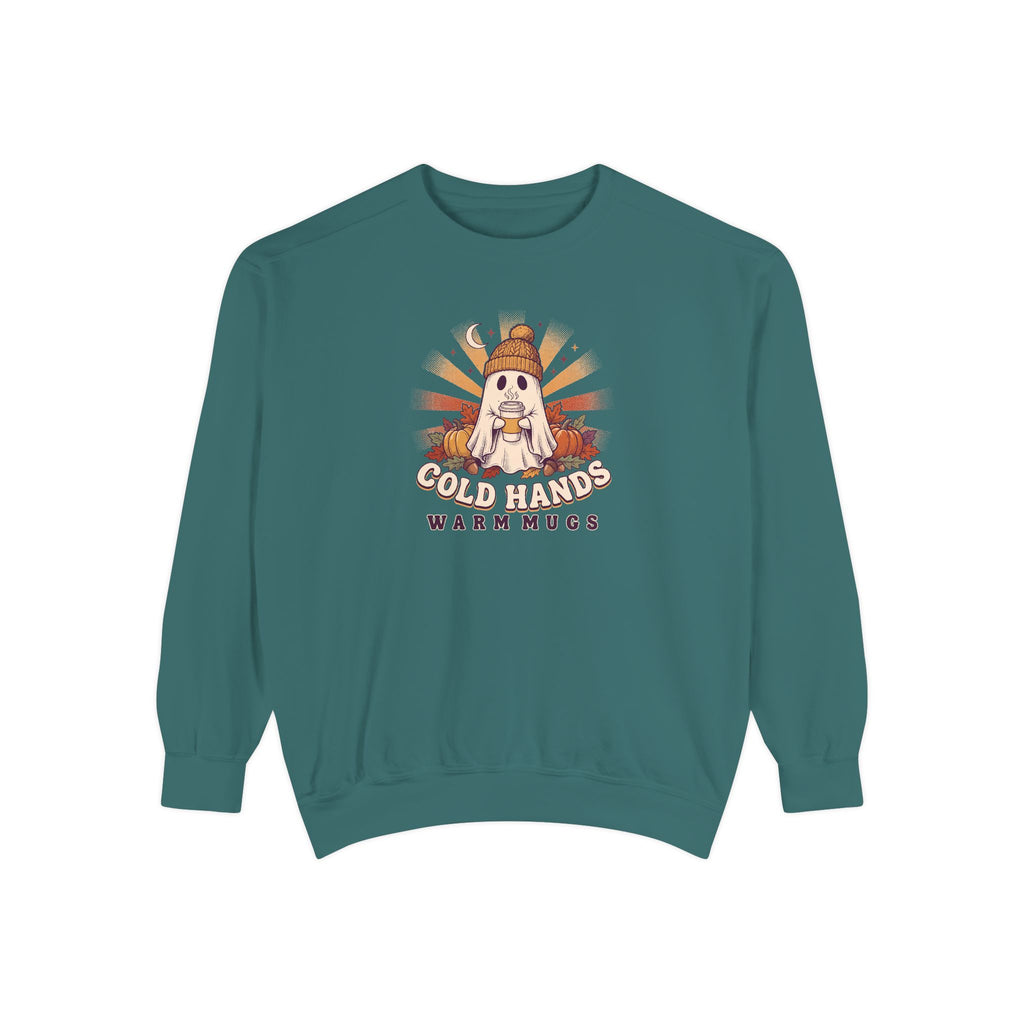 Cozy Ghost Crewneck Sweatshirt | Cold Hands Warm Mugs Fall Coffee Art | Comfort Colors Garment Dyed
