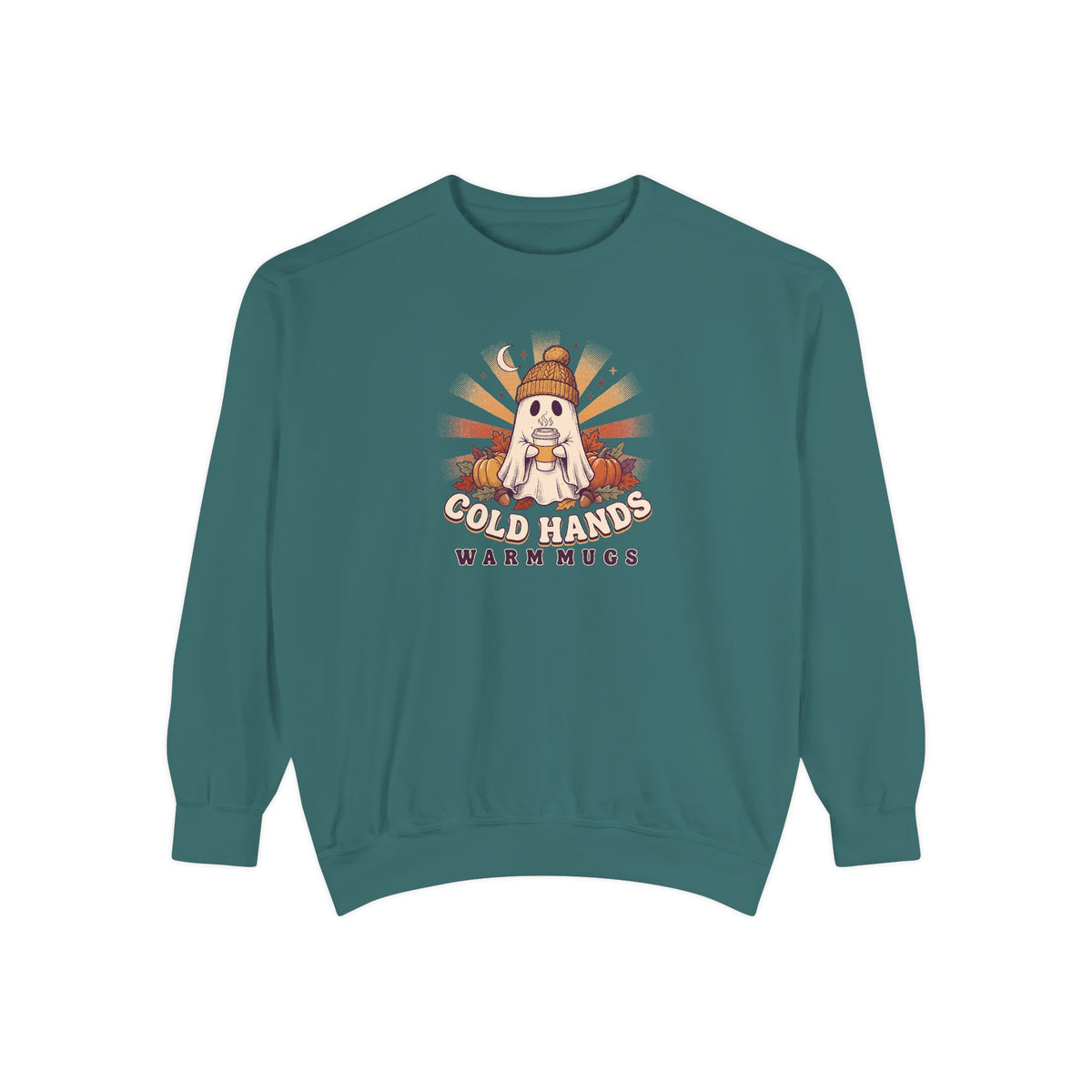 Cozy Ghost Crewneck Sweatshirt | Cold Hands Warm Mugs Fall Coffee Art | Comfort Colors Garment Dyed