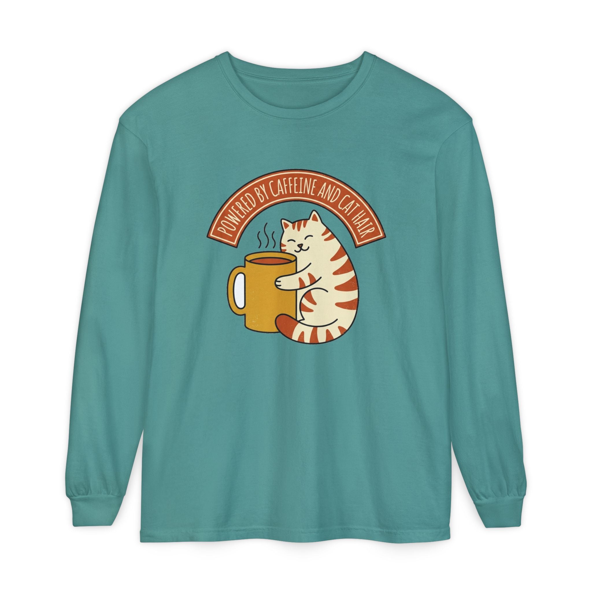 Cat Coffee Long Sleeve | Powered by Caffeine | funny cat coffee long sleeve — Blue Jean