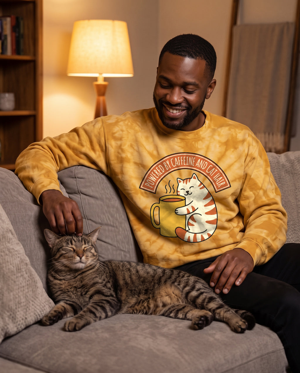 Blank Plate photo: model in the mustard tie-dye Cat Coffee crewneck, POWERED BY CAFFEINE AND CAT HAIR print following the fabric folds