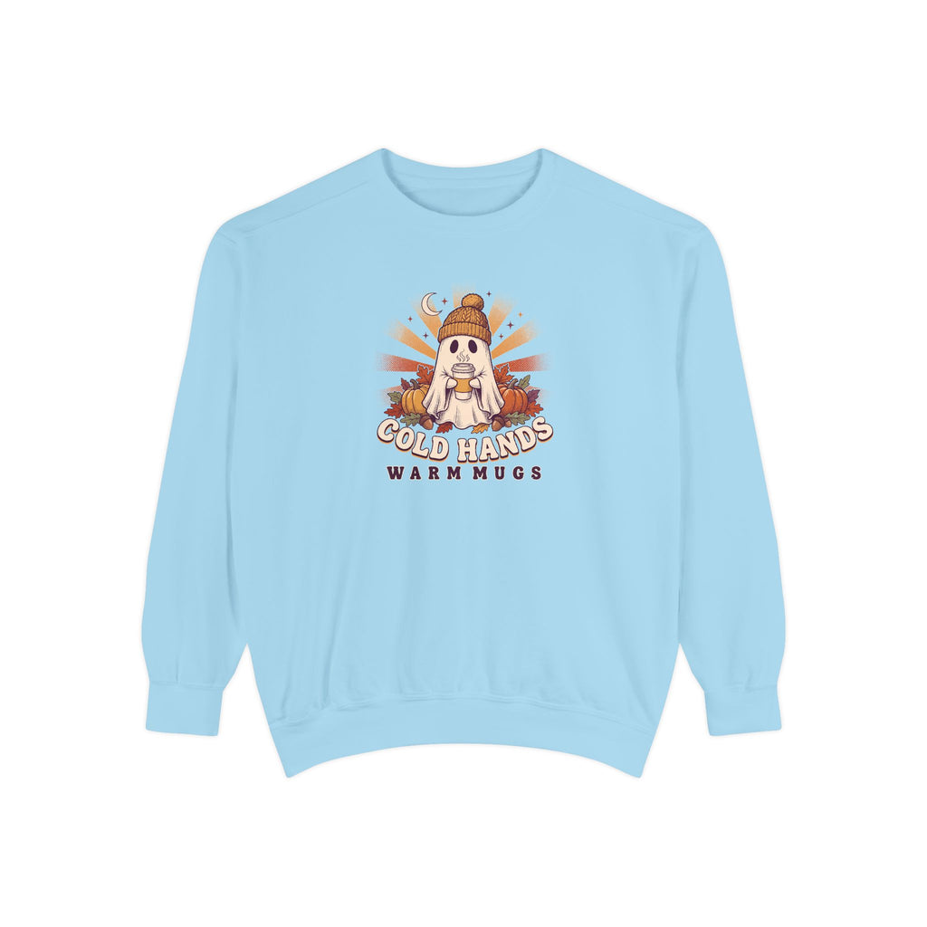 Cozy Ghost Crewneck Sweatshirt | Cold Hands Warm Mugs Fall Coffee Art | Comfort Colors Garment Dyed