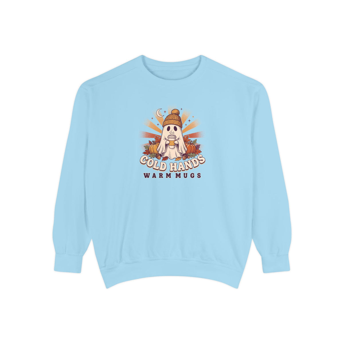 Cozy Ghost Crewneck Sweatshirt | Cold Hands Warm Mugs Fall Coffee Art | Comfort Colors Garment Dyed