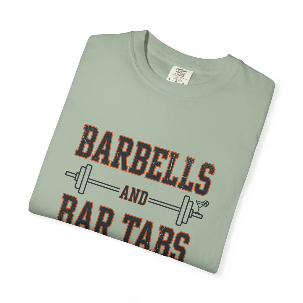 Barbells And Bar Tabs distressed collegiate design with a barbell and a cocktail glass on a garment dyed Comfort Colors tee