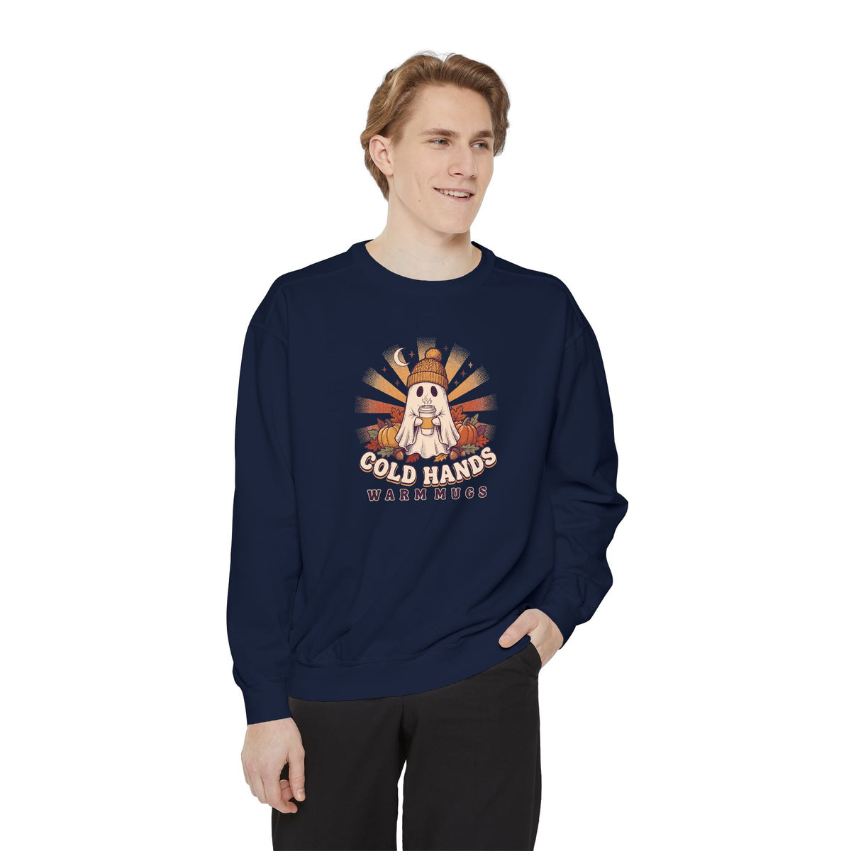Cozy Ghost Crewneck Sweatshirt | Cold Hands Warm Mugs Fall Coffee Art | Comfort Colors Garment Dyed