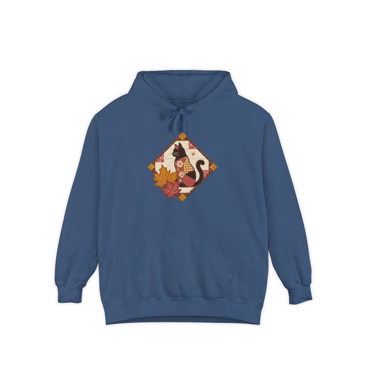 Black Cat Hoodie | Vintage Patchwork Quilt Fall Art | Comfort Colors Garment Dyed