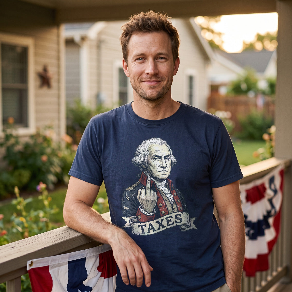George Washington TAXES Tee in navy, worn by an approved model, mid lifestyle photograph