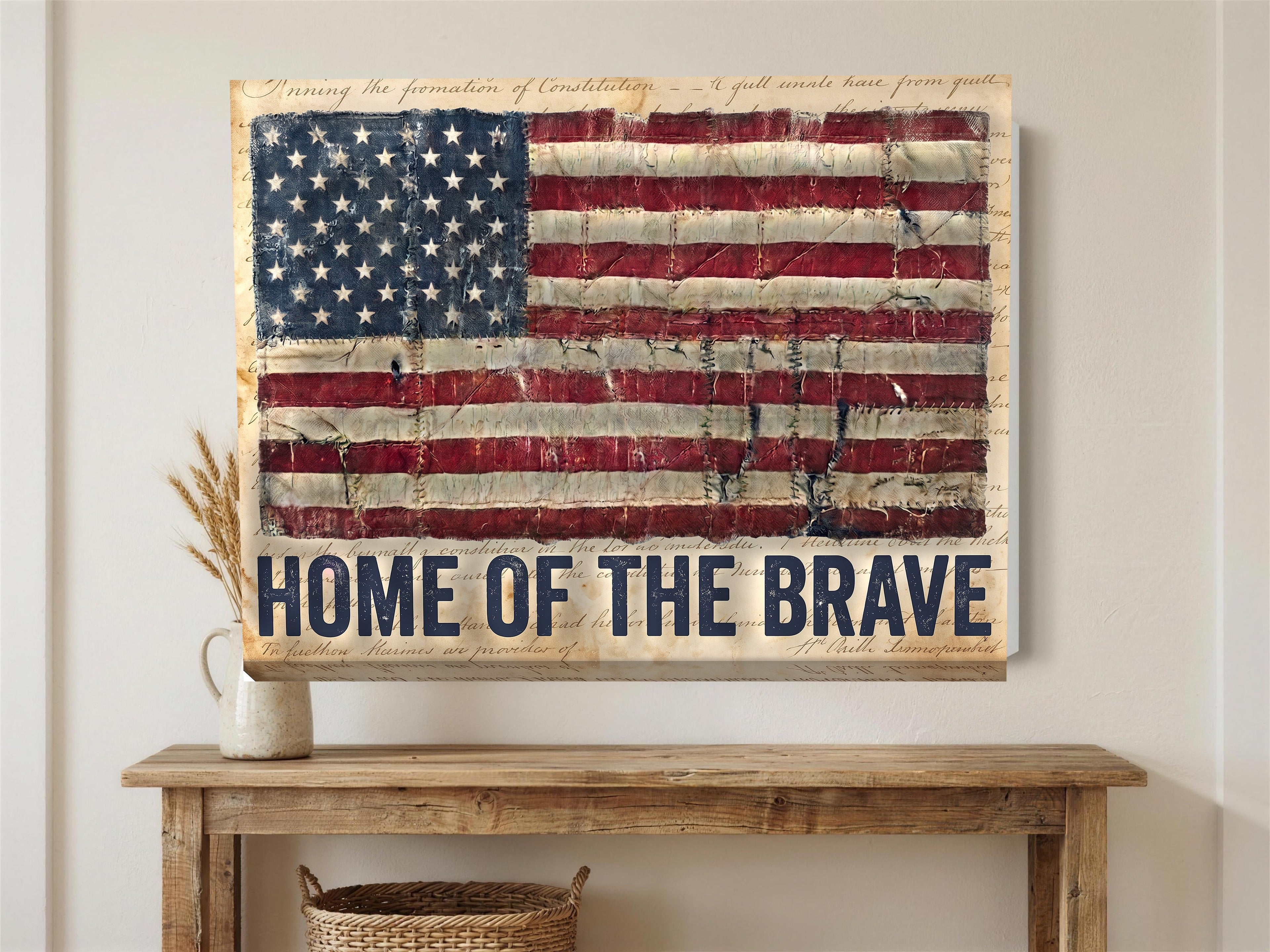 American flag Home of the Brave canvas wall art hanging above a rustic console table