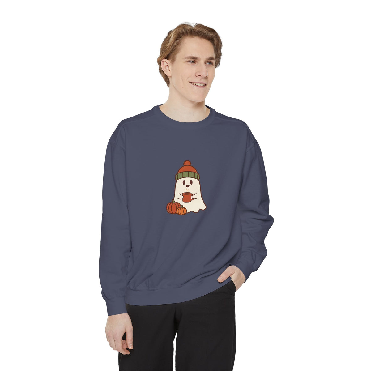 Retro Ghost Crewneck Sweatshirt | Ghost in a Knitted Beanie Cocoa Art | Comfort Colors Garment Dyed