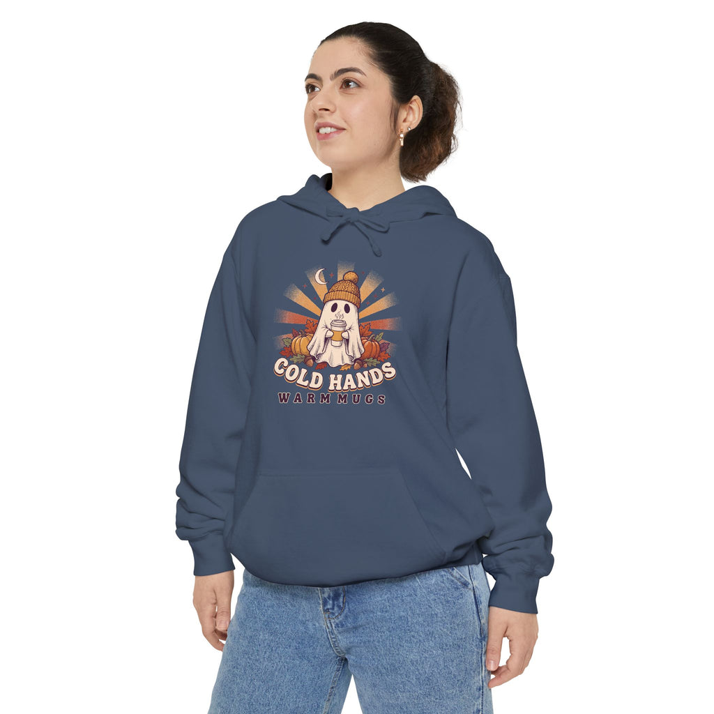 Cozy Ghost Hoodie | Cold Hands Warm Mugs Fall Coffee Art | Comfort Colors Garment Dyed