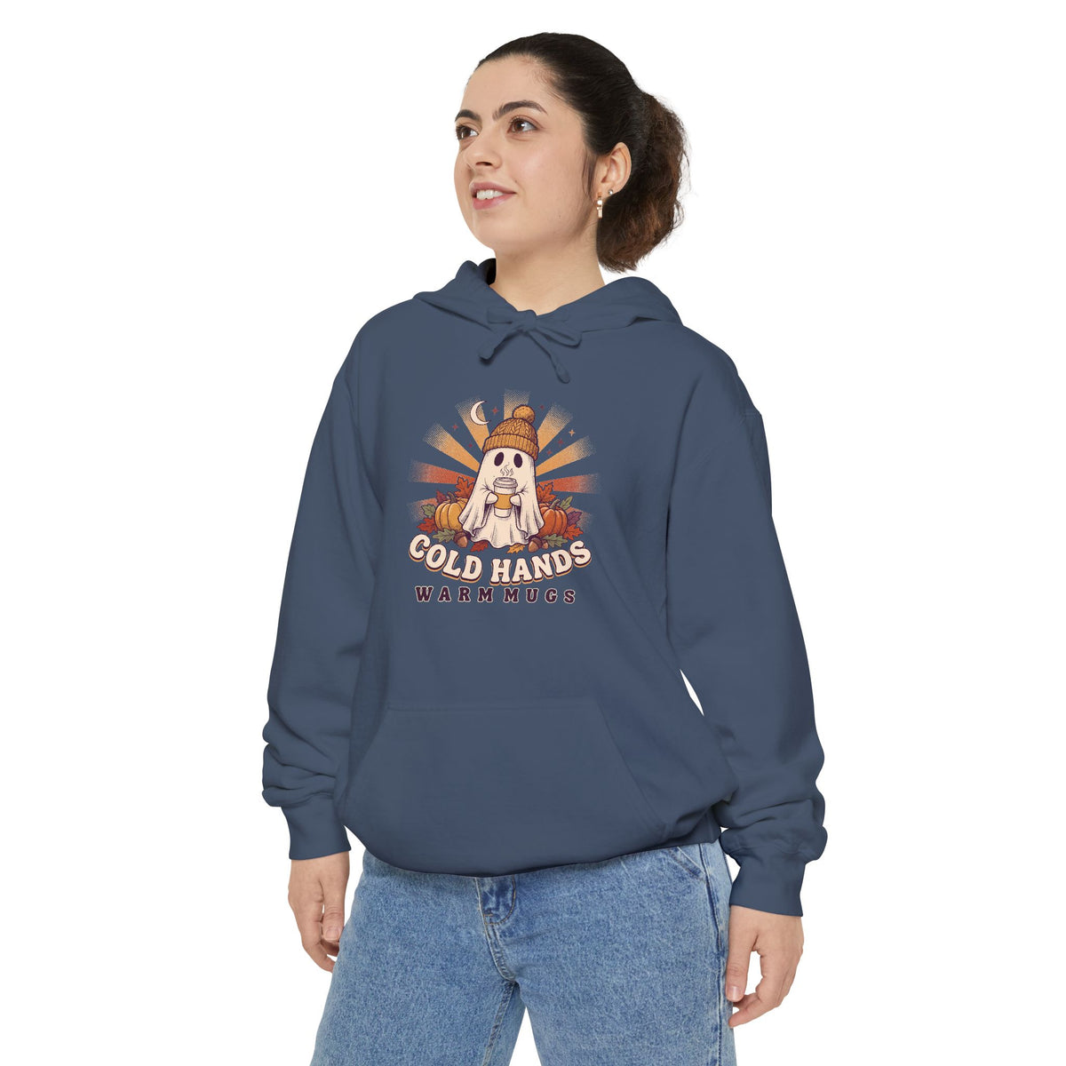 Cozy Ghost Hoodie | Cold Hands Warm Mugs Fall Coffee Art | Comfort Colors Garment Dyed