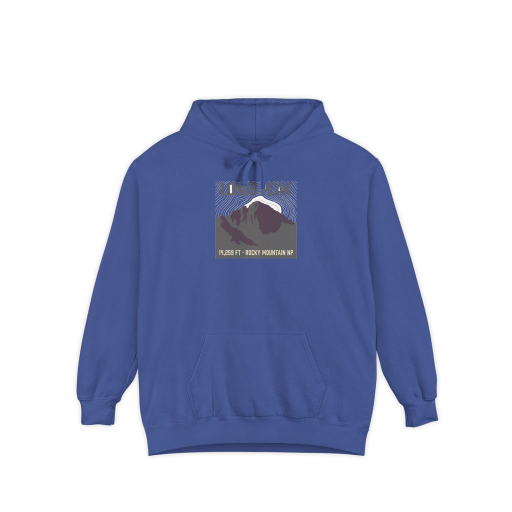 Longs Peak Colorado 14er hoodie in Flo Blue, 14,259 ft Rocky Mountain National Park summit badge on the chest