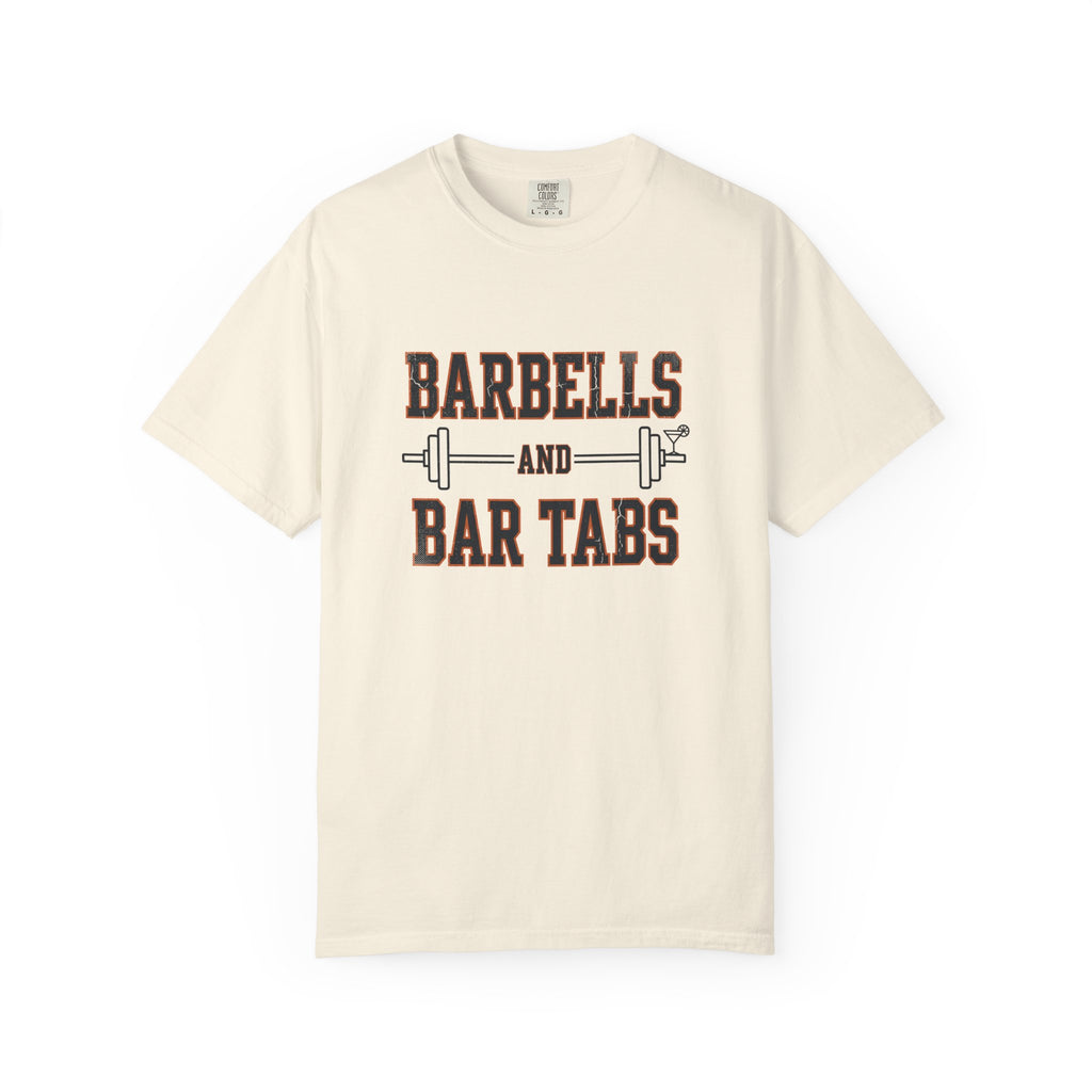 Ivory garment dyed Comfort Colors tee with the Barbells And Bar Tabs barbell and cocktail glass design