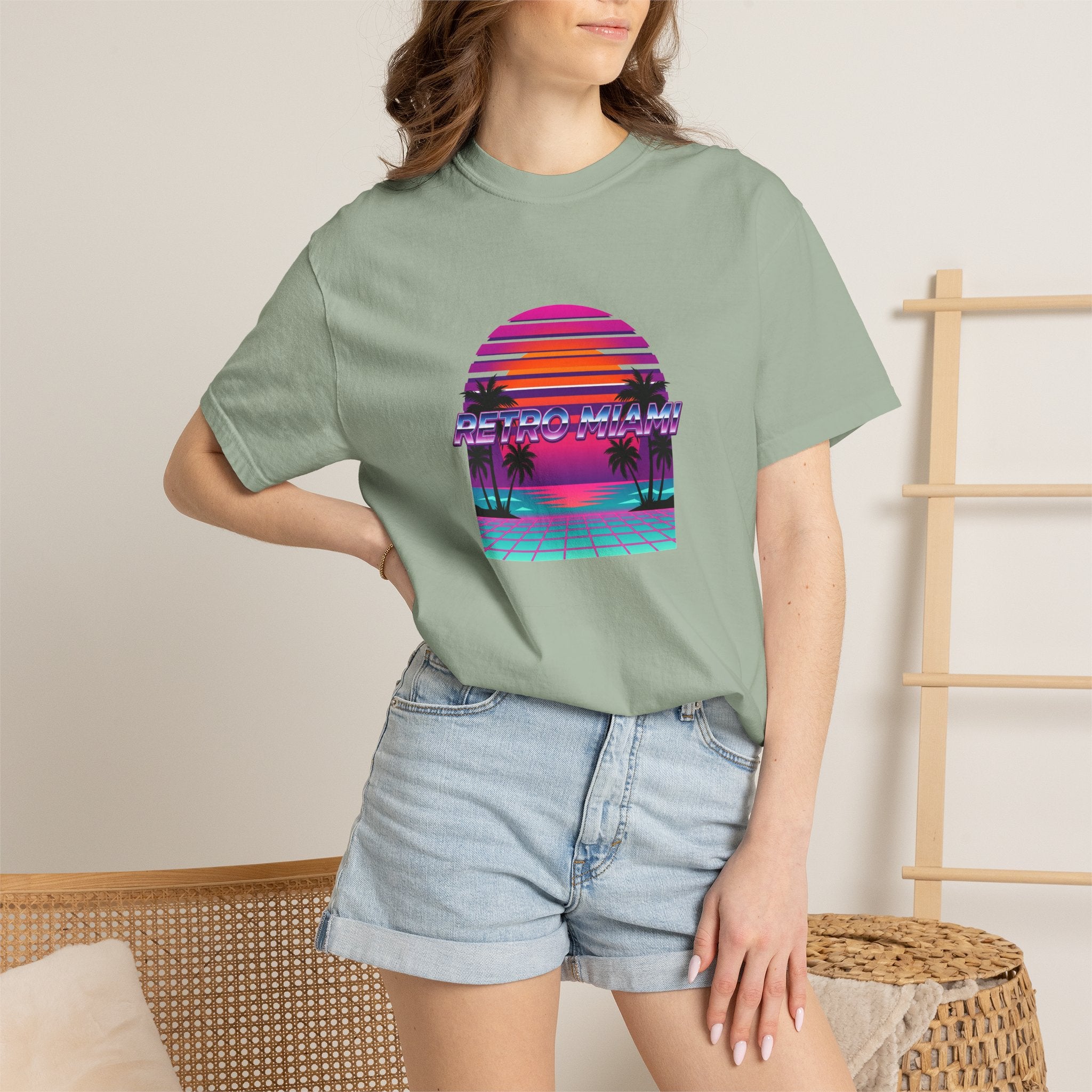 Retro Miami Sunset Tee in Ivory — Comfort Colors Garment-Dyed Shirt