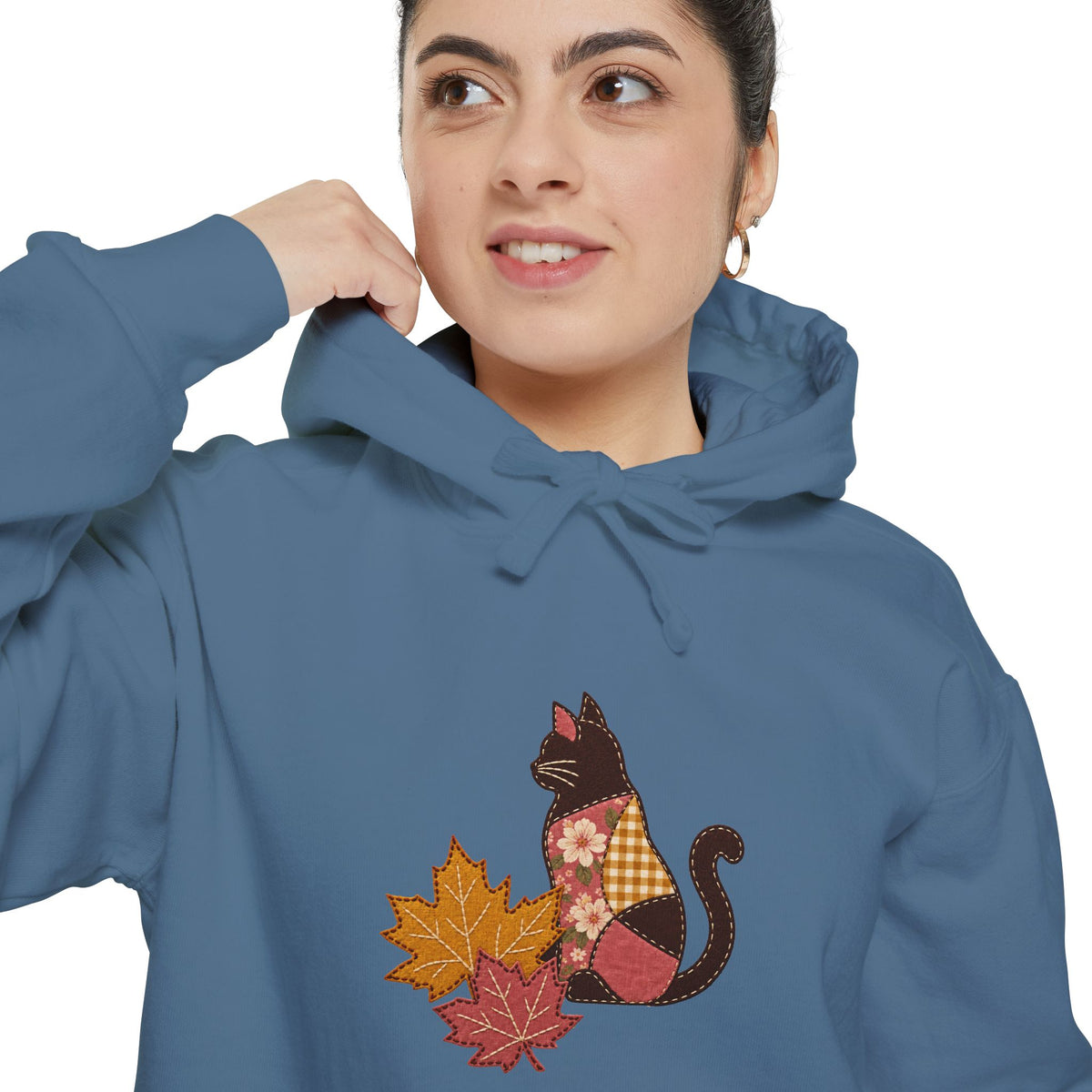 Black Cat Hoodie | Patchwork Cat and Fall Leaves | Comfort Colors Garment Dyed