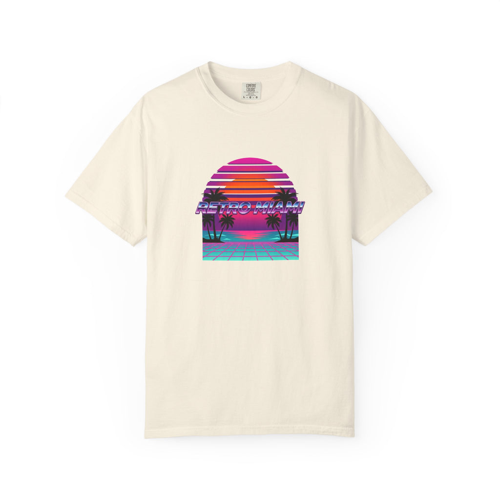 Retro Miami Synthwave Tee White — Garment-Dyed Cotton Summer Shirt