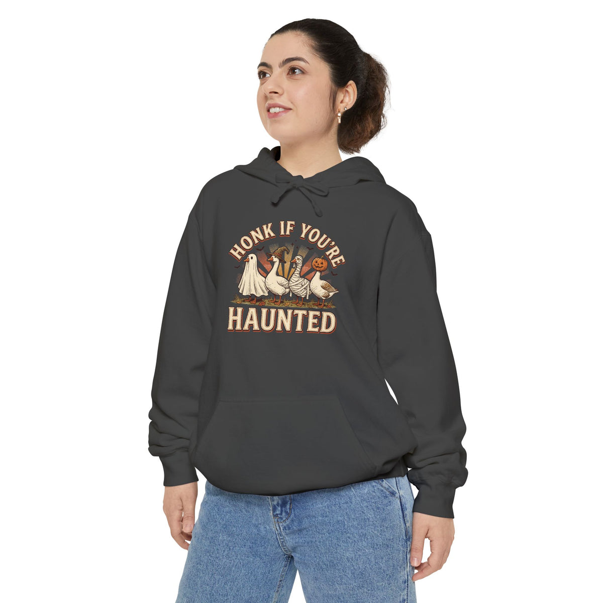 Funny Halloween Hoodie | Honk If You're Haunted Goose Art | Comfort Colors Garment Dyed