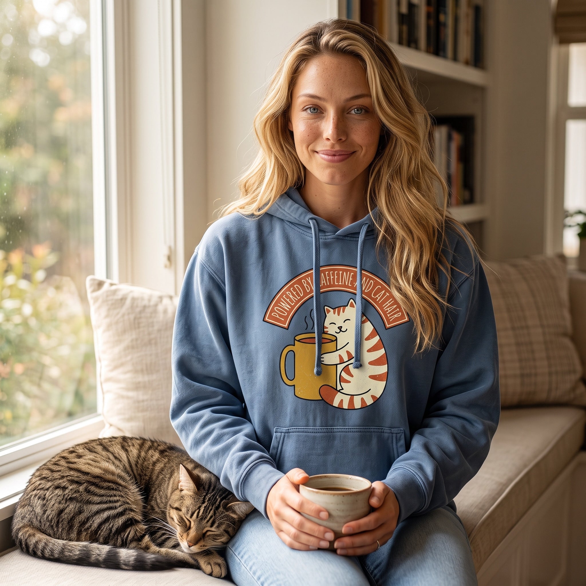 Cat Coffee Powered by Caffeine hoodie in Blue Jean, worn, wide shot