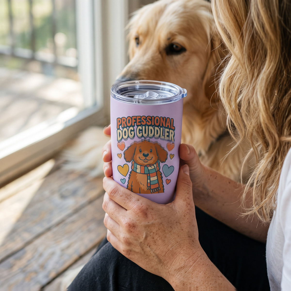 Professional Dog Cuddler 12oz insulated tumbler in light purple, held by an approved model, close lifestyle photograph