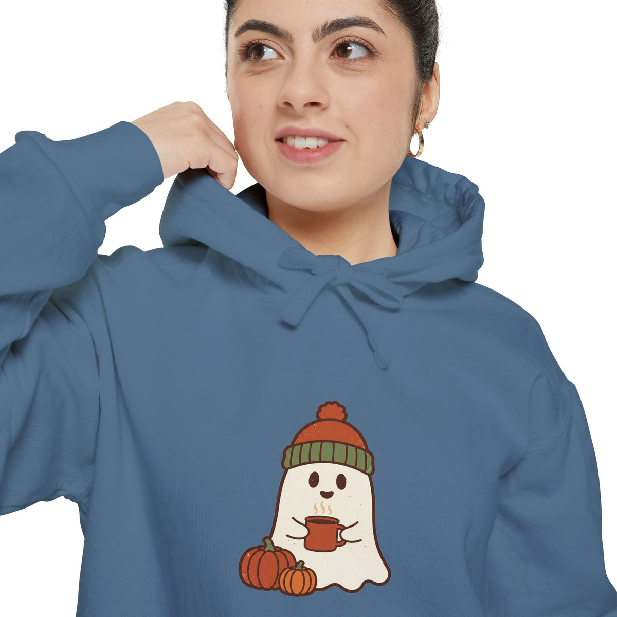 Retro Ghost Hoodie | Ghost in a Knitted Beanie Cocoa Art | Comfort Colors Garment Dyed