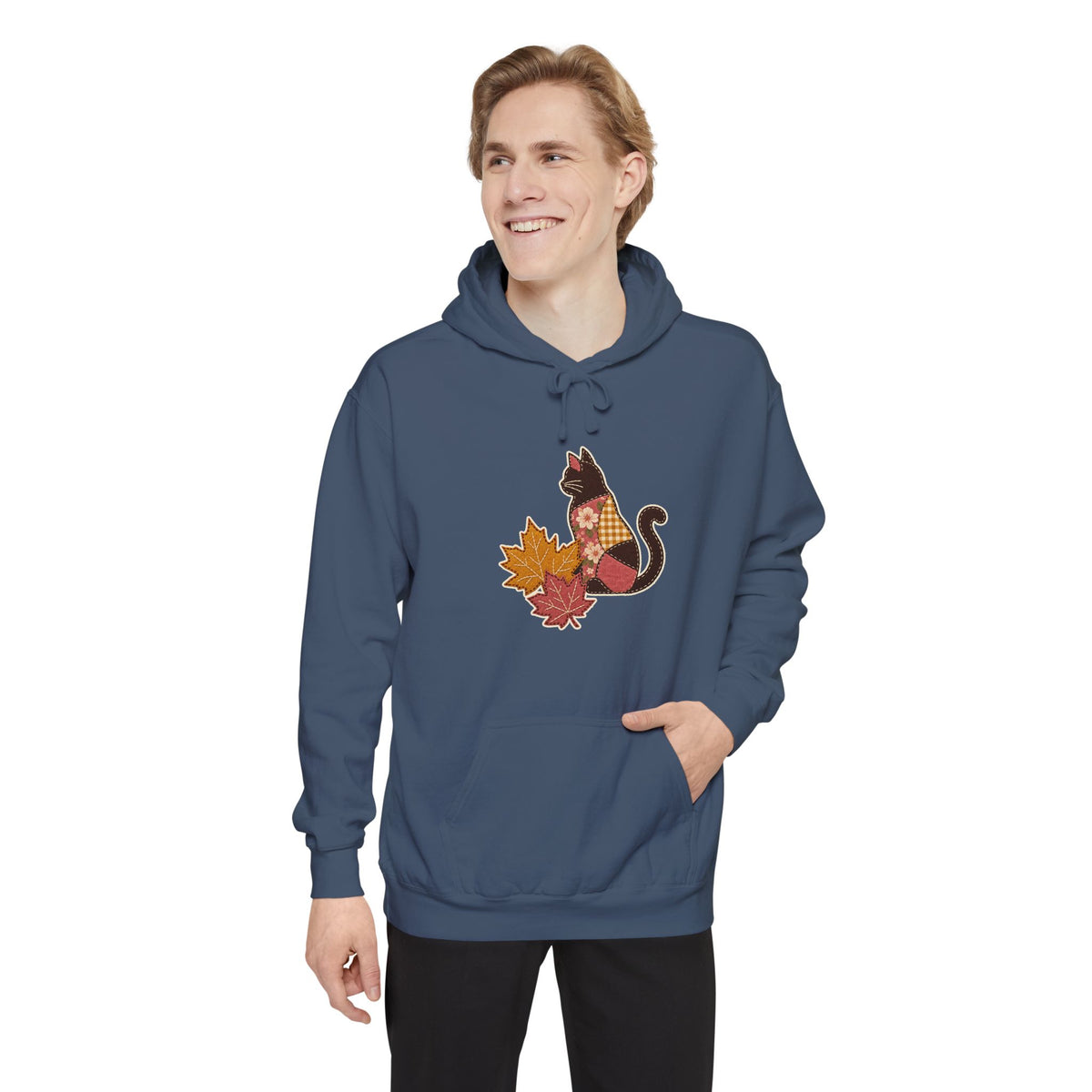 Black Cat Hoodie | Patchwork Cat and Fall Leaves | Comfort Colors Garment Dyed