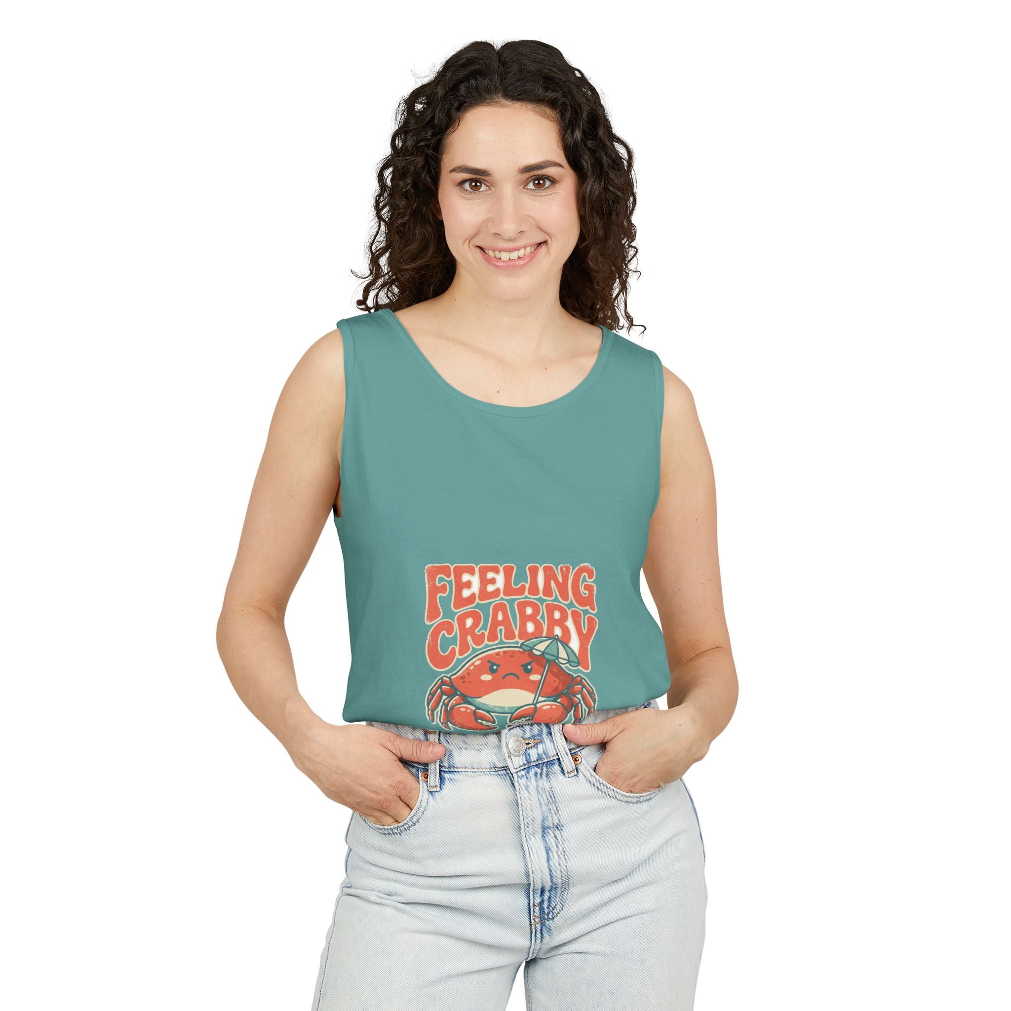 Feeling Crabby funny crab beach tank top on Comfort Colors garment dyed cotton, grumpy retro crab under a beach umbrella