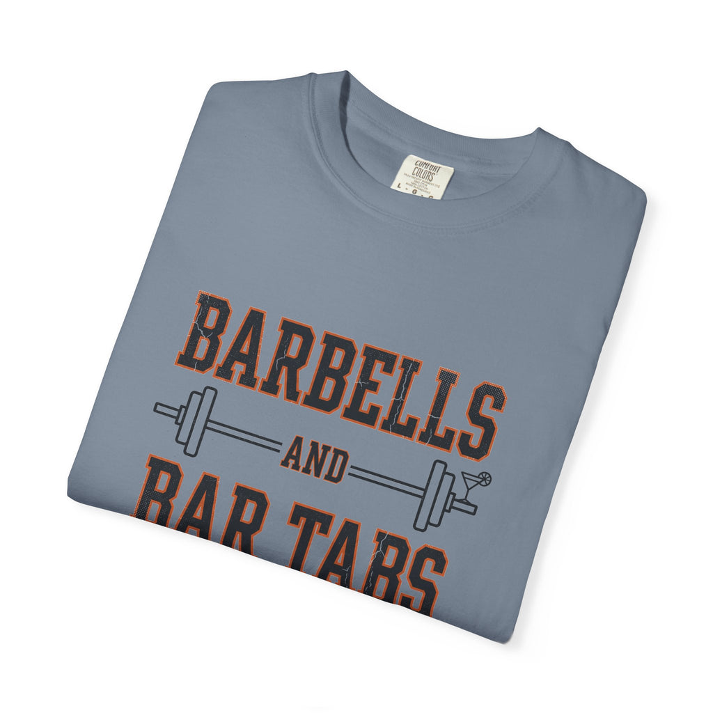 Barbells And Bar Tabs distressed collegiate design with a barbell and a cocktail glass on a garment dyed Comfort Colors tee