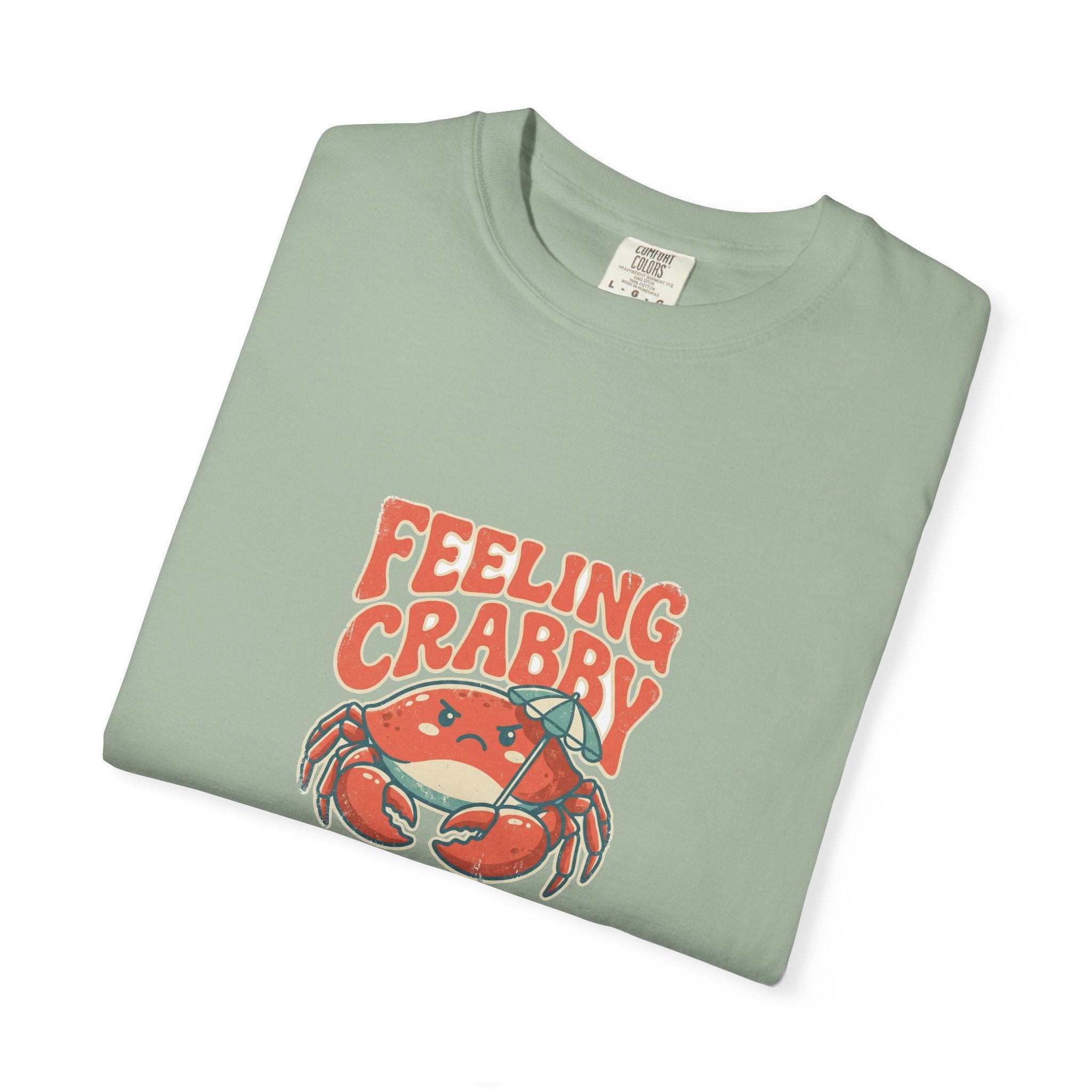 Funny Feeling Crabby crab tee on garment dyed Comfort Colors cotton, vintage beach umbrella design