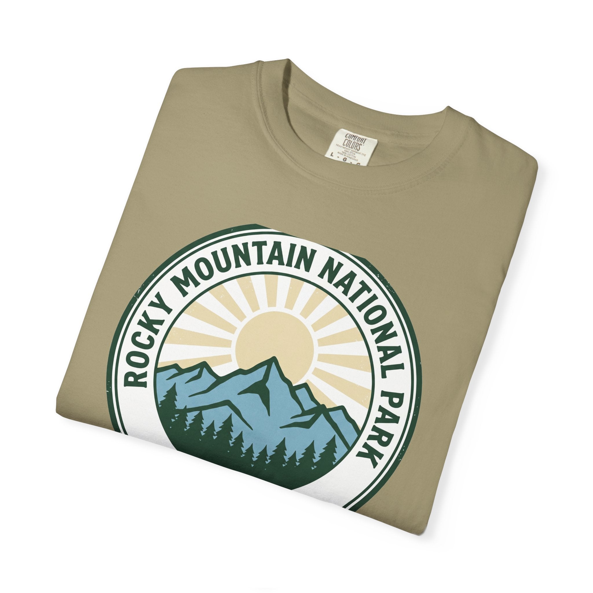 Rocky Mountain National Park vintage tee, EST. 1915 circular mountain sunrise badge, alternate product view
