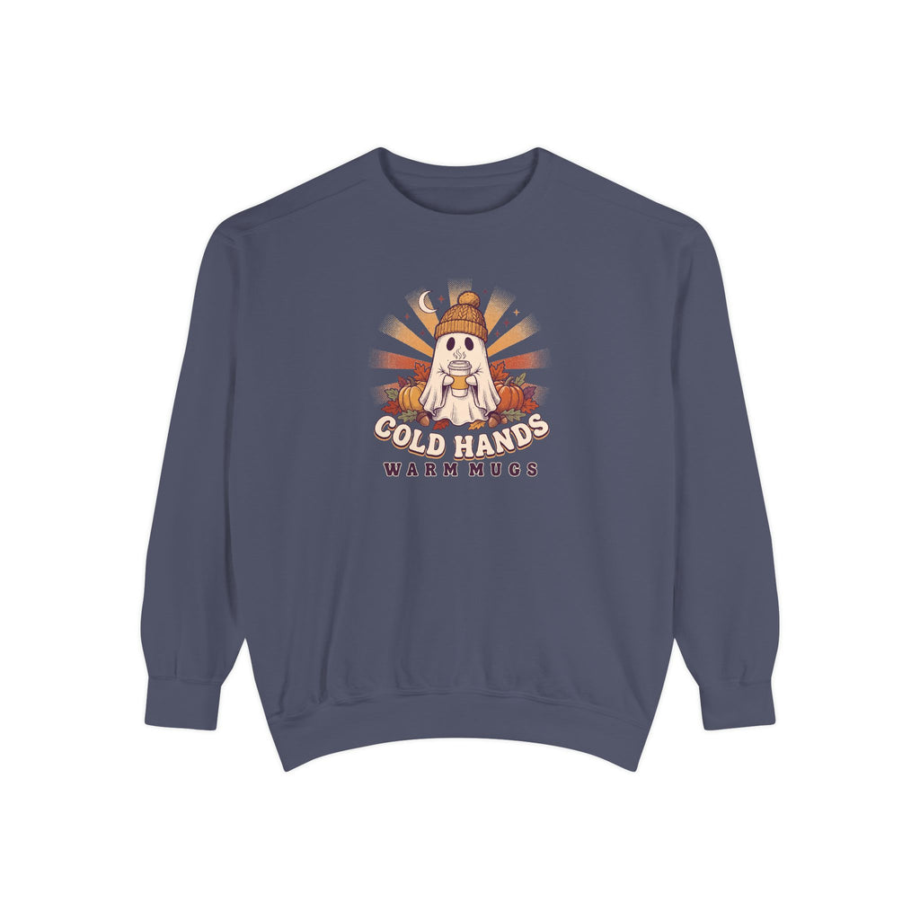Cozy Ghost Crewneck Sweatshirt | Cold Hands Warm Mugs Fall Coffee Art | Comfort Colors Garment Dyed
